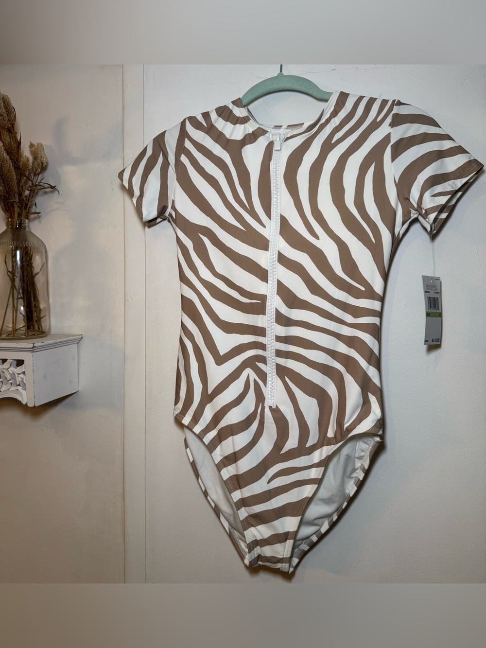 Short Sleeve Zipper One-Piece Swimsuit in Beige Zebra